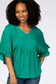 Green Ruffle Dolman Sleeve V-Neck Top