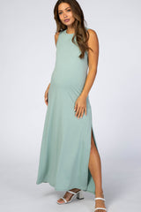 Light Olive Side Slit Maternity Maxi Dress