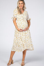 Ivory Floral Tie Sleeve Maternity Midi Dress