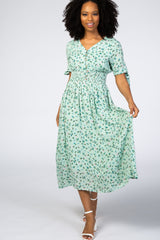 Mint Green Floral Tie Sleeve Midi Dress