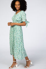 Mint Green Floral Tie Sleeve Midi Dress