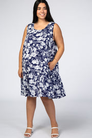 Navy Floral Flounce Plus Maternity Dress