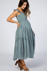 Light Olive Smocked Ruffle Accent Maternity Dress