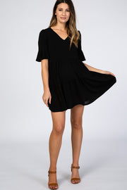 Black Tiered Ruffle Sleeve Maternity Dress