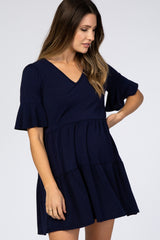 Navy Tiered Ruffle Sleeve Maternity Dress