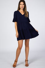 Navy Tiered Ruffle Sleeve Maternity Dress