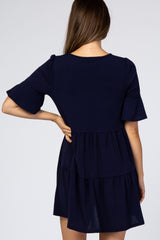 Navy Tiered Ruffle Sleeve Maternity Dress