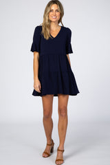 Navy Tiered Ruffle Sleeve Maternity Dress