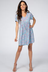 Aqua Floral Short Sleeve Dress