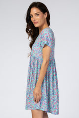 Aqua Floral Short Sleeve Dress