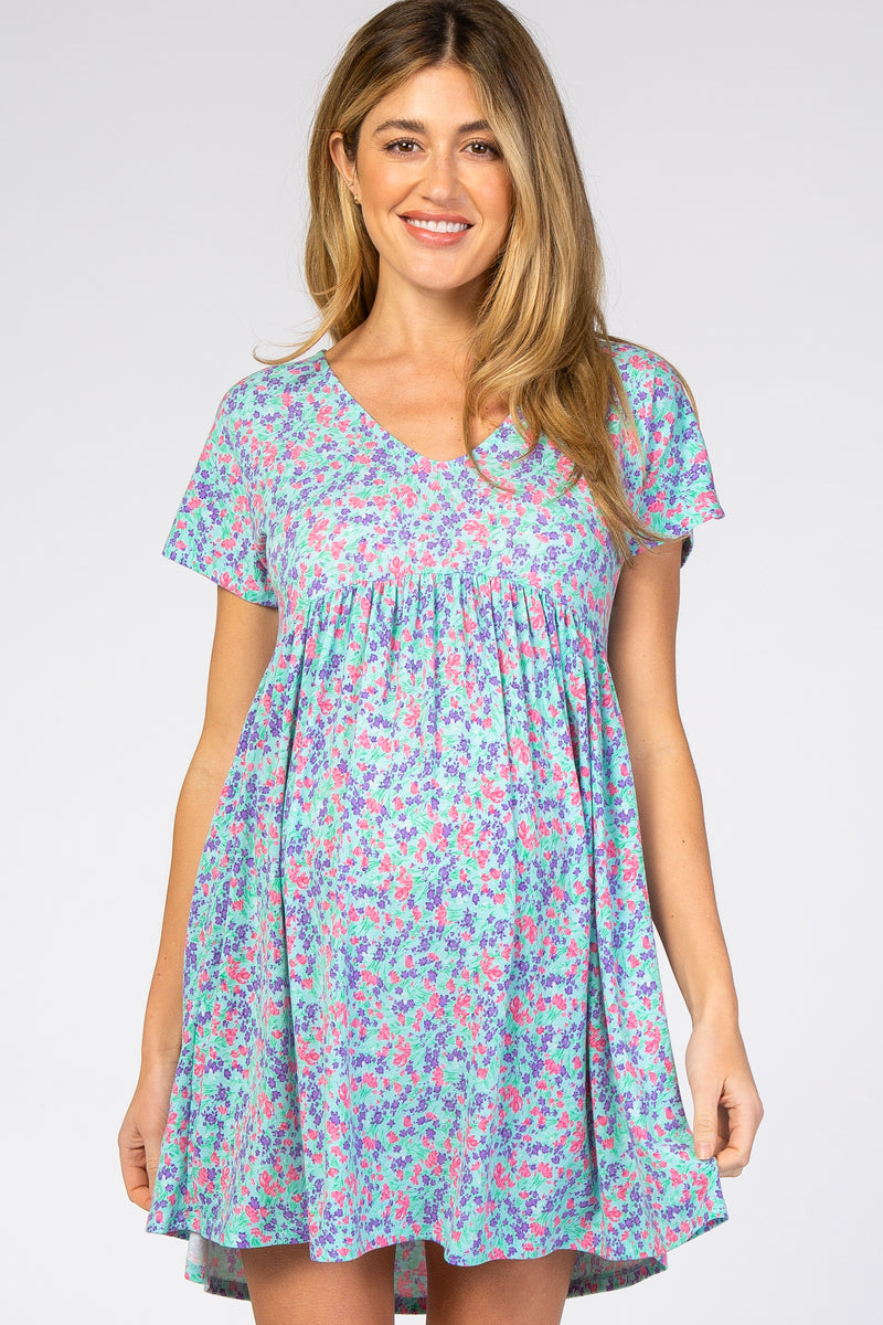 Aqua Floral Short Sleeve Maternity Dress– PinkBlush