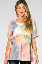 Multi Colored Tie Dye Crochet Trim Short Sleeve Maternity Top