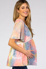 Multi Colored Tie Dye Crochet Trim Short Sleeve Maternity Top