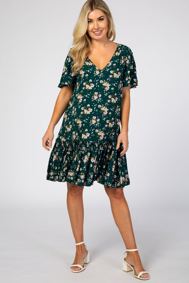 Dark Teal Floral Pleated Hem Maternity Dress – PinkBlush