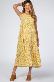 Yellow Floral Sleeveless Pleated Tier Maternity Midi Dress