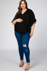 Black Ruffle Dolman Sleeve V-Neck Maternity Plus Top