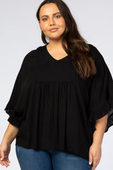 Black Ruffle Dolman Sleeve V-Neck Maternity Plus Top