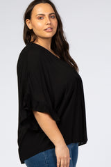 Black Ruffle Dolman Sleeve V-Neck Plus Top