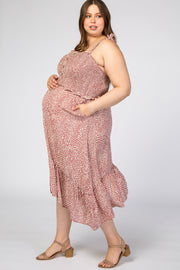 Mauve Dot Print Smocked Maternity Plus Midi Dress