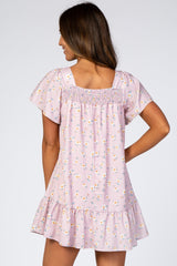 Pink Floral Print Smocked Square Neck Ruffle Trim Dress