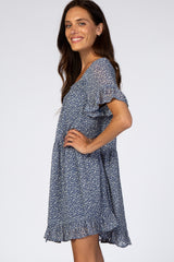 Blue Printed Chiffon Square Neck Ruffle Trim Dress