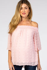 Light Pink Textured Dot Smocked Off Shoulder Chiffon Maternity Blouse