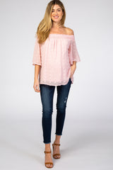 Light Pink Textured Dot Smocked Off Shoulder Chiffon Maternity Blouse