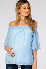 Light Blue Textured Dot Smocked Off Shoulder Chiffon Maternity Blouse