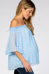 Light Blue Textured Dot Smocked Off Shoulder Chiffon Maternity Blouse