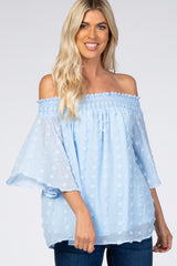 Light Blue Textured Dot Smocked Off Shoulder Chiffon Blouse