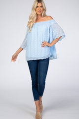 Light Blue Textured Dot Smocked Off Shoulder Chiffon Blouse