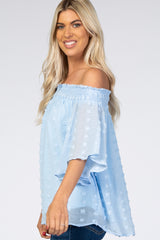 Light Blue Textured Dot Smocked Off Shoulder Chiffon Blouse