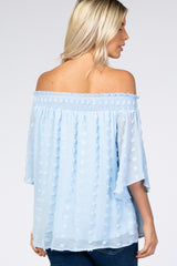 Light Blue Textured Dot Smocked Off Shoulder Chiffon Blouse