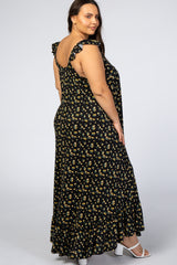 Black Floral Ruffle Strap Plus Maxi Dress