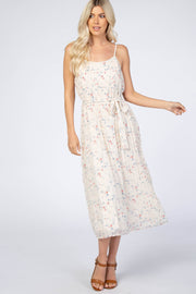 Cream Floral Chiffon Midi Dress