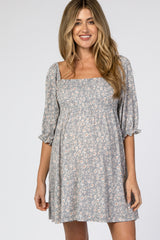 Grey Floral Puff Sleeve Maternity Dress