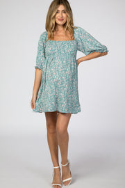 Teal Floral Puff Sleeve Maternity Dress