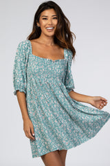 Teal Floral Puff Sleeve Dress