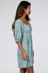 Teal Floral Puff Sleeve Dress