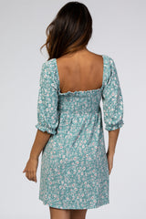 Teal Floral Puff Sleeve Dress