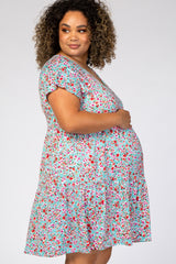 Aqua Floral Pleated Tier Babydoll Maternity Plus Dress