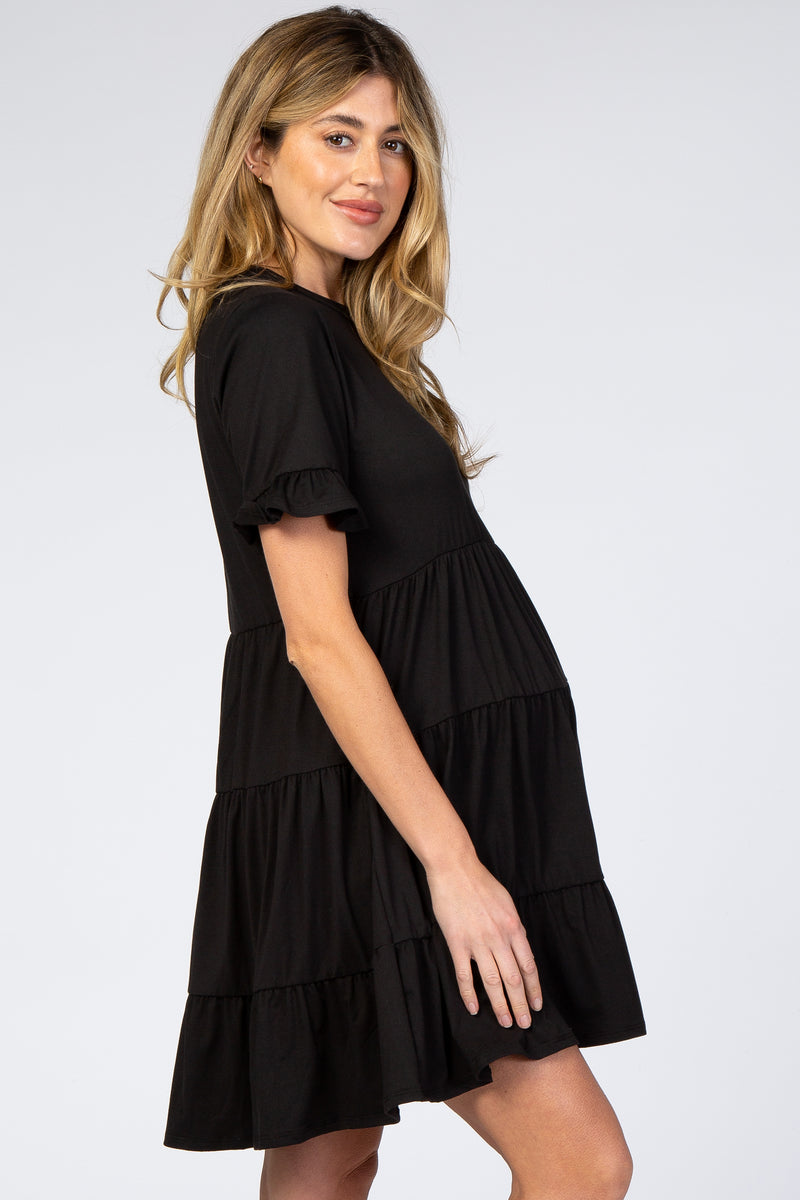 Black Tiered Short Sleeve Maternity Dress– PinkBlush