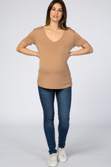 Camel Scoop Neck Pocket Maternity Top