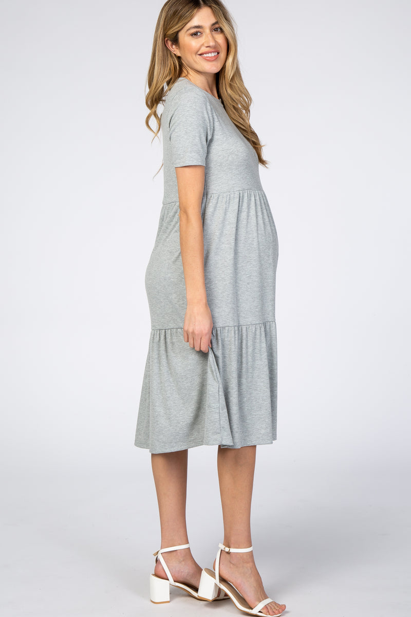 Heather Grey Ribbed Tiered Maternity Dress – PinkBlush