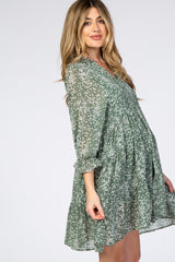 Dark Mint Floral Chiffon Tiered Maternity Dress