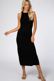 Black Fitted Side Slit Midi Dress