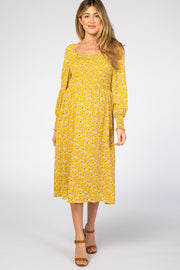 Yellow Floral Smocked Bubble Sleeve Maternity Midi Dress