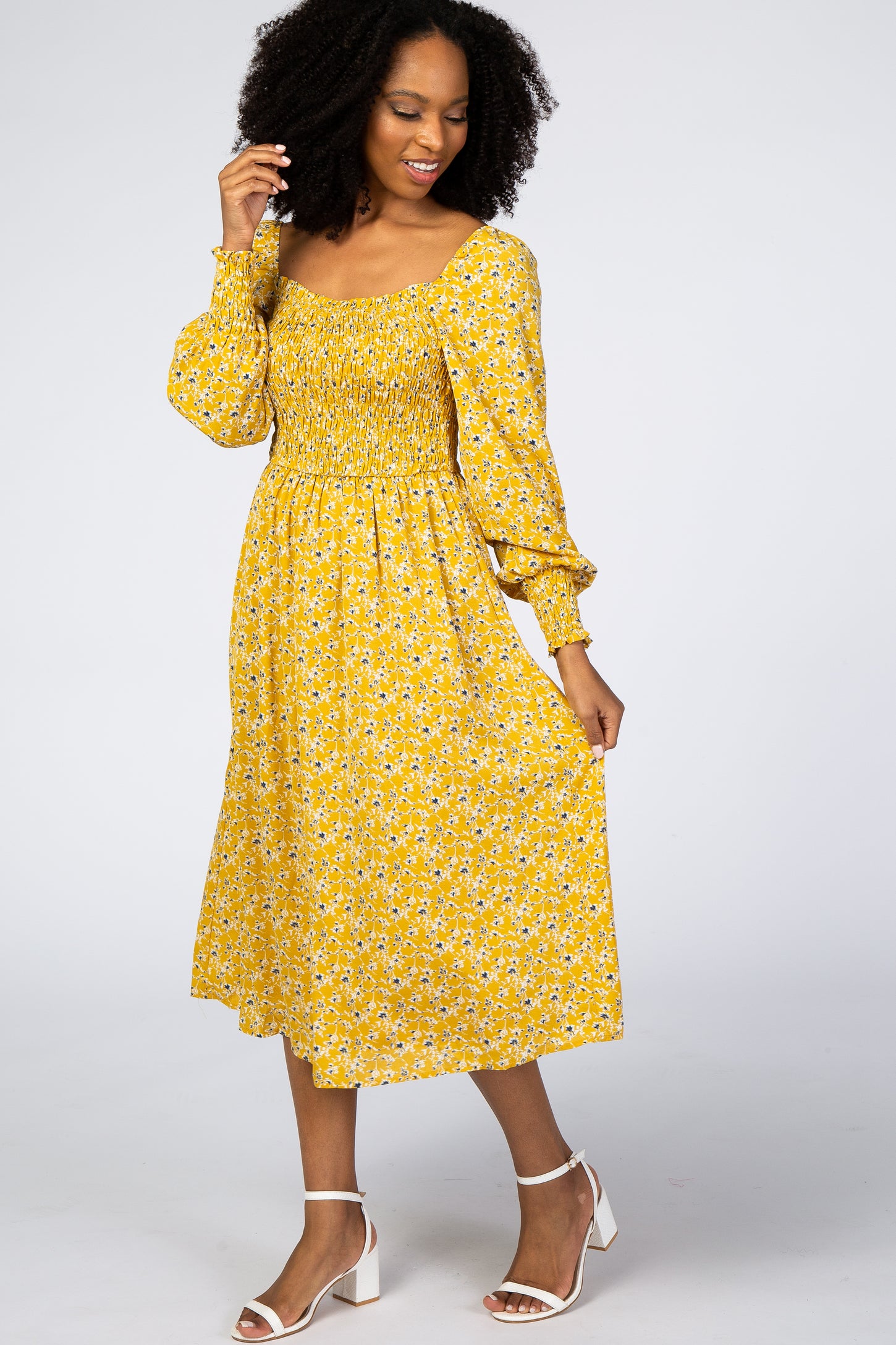 Yellow Floral Smocked Bubble Sleeve Midi Dress– PinkBlush