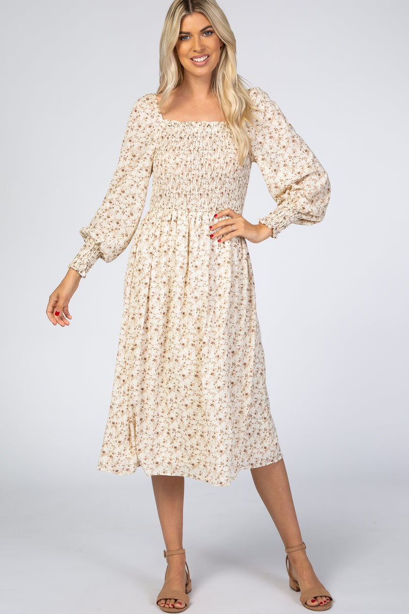 Cream Floral Smocked Bubble Sleeve Midi Dress – PinkBlush