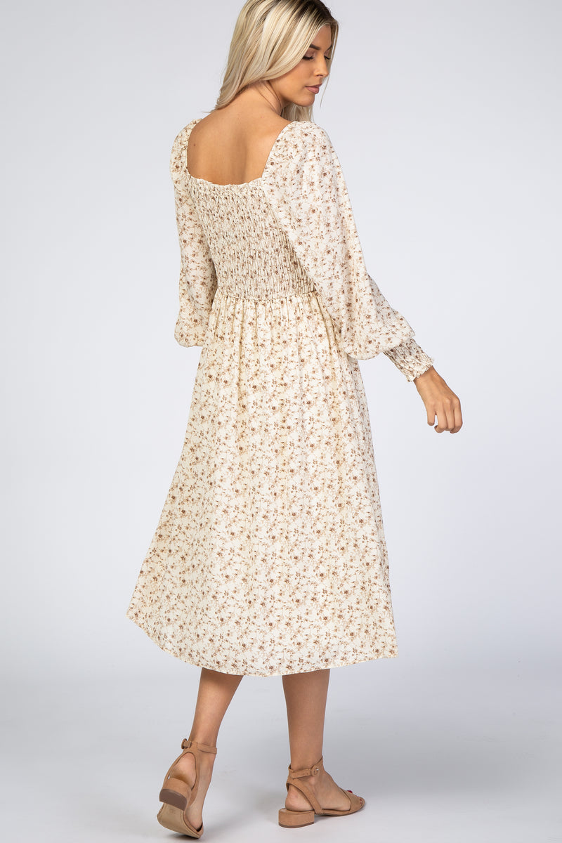 Cream Floral Smocked Bubble Sleeve Midi Dress – PinkBlush